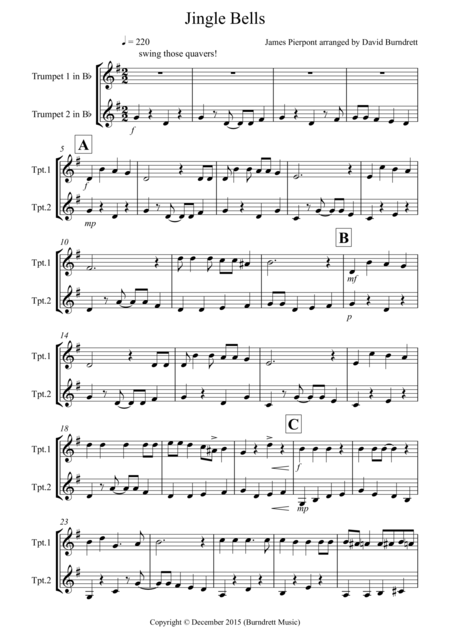 Free Sheet Music Jingle Bells Jazzy Style For Trumpet Duet