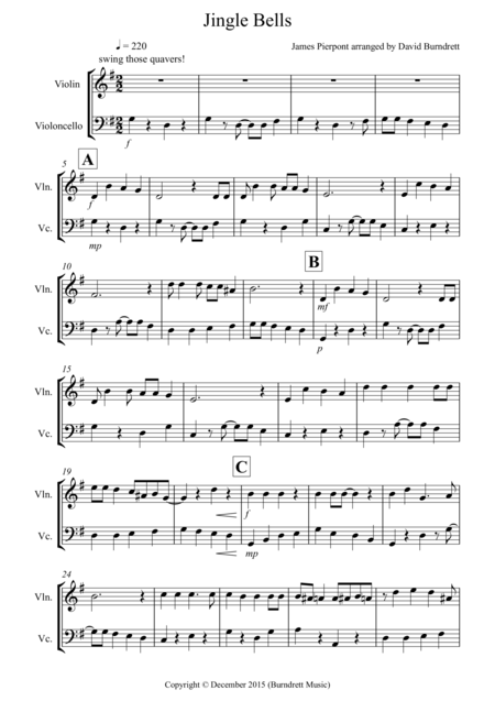 Free Sheet Music Jingle Bells Jazzy Style For Violin And Cello Duet