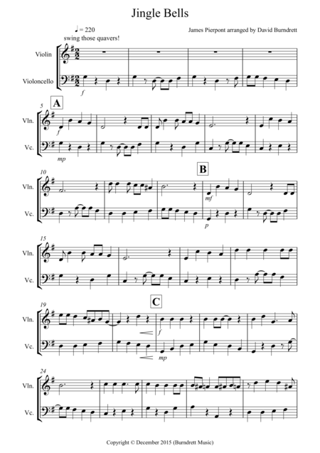 Jingle Bells Jazzy Style For Violin And Cello Duet Sheet Music