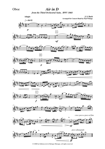 Johann Sebastian Bach Wehage Air In D From The Third Orchestral Suite Bwv 1068 Arranged For Concert Band Oboe Part Sheet Music