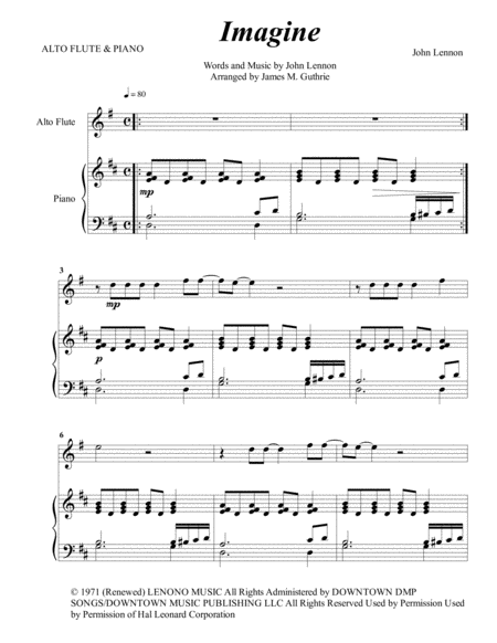 John Lennon Imagine For Alto Flute Piano Sheet Music