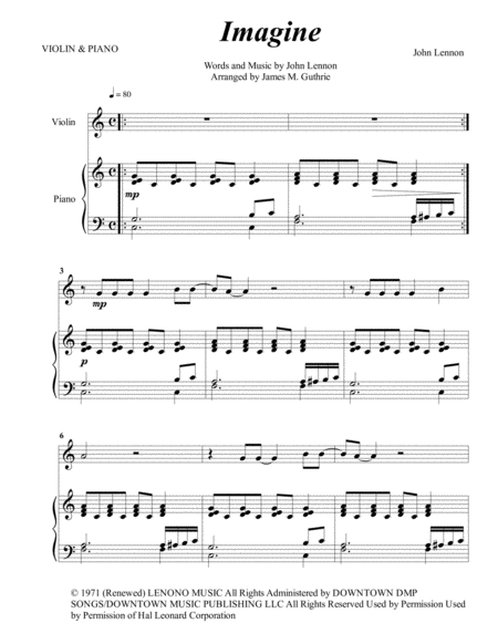 Free Sheet Music John Lennon Imagine For Violin Piano