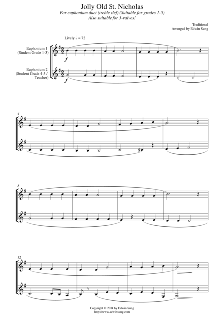 Jolly Old St Nicholas For Euphonium Duet Bb Treble 3 Or 4 Valved Suitable For Grades 1 5 Sheet Music