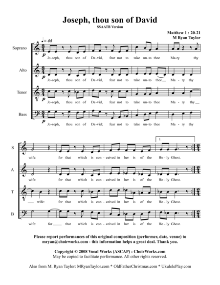 Free Sheet Music Joseph Thou Son Of David Matthew 1 20 21 Ssaatb Or Ssatb Choir Acapella