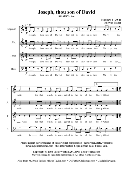 Joseph Thou Son Of David Matthew 1 20 21 Ssaatb Or Ssatb Choir Acapella Sheet Music