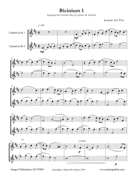 Josquin Bicinium 1 For Clarinet Duo Sheet Music