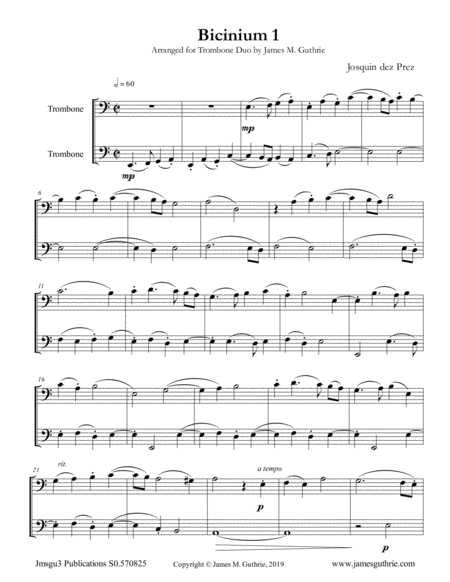 Josquin Bicinium 1 For Trombone Duo Sheet Music