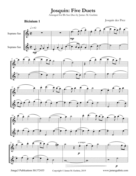 Free Sheet Music Josquin Five Duets For Bb Sax Duo