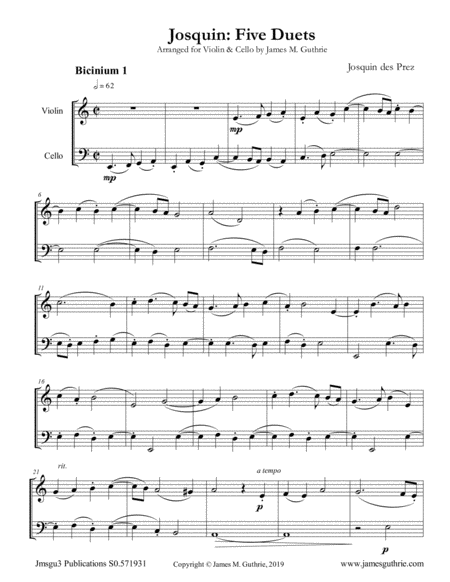 Josquin Five Duets For Violin Cello Sheet Music