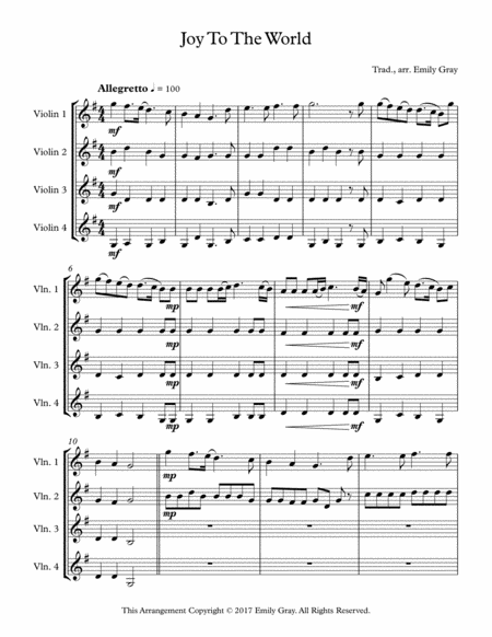 Free Sheet Music Joy To The World 4 Violins