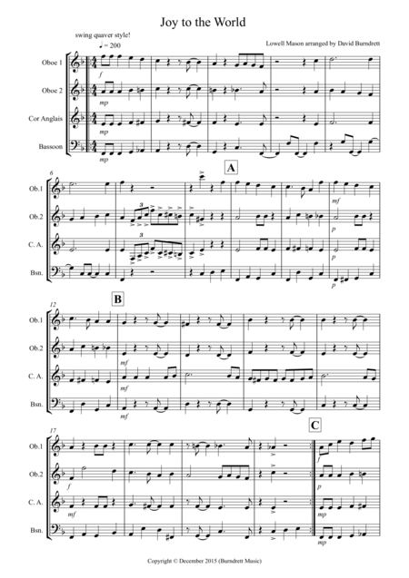 Joy To The World For Double Reed Quartet Sheet Music