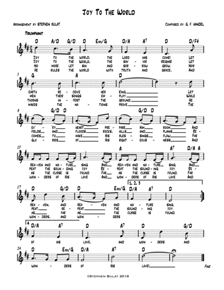 Joy To The World Lead Sheet Melody Lyrics Chords In Key Of D Sheet Music