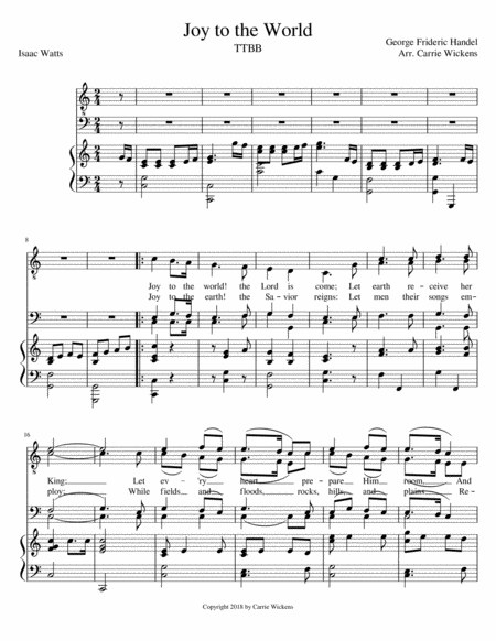 Free Sheet Music Joy To The World Ttbb