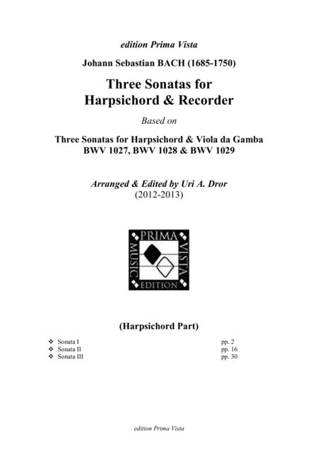 Js Bach 3 Sonatas For Recorder Harpsichord After Bwv 1027 1029 Harpsichord Part Sheet Music