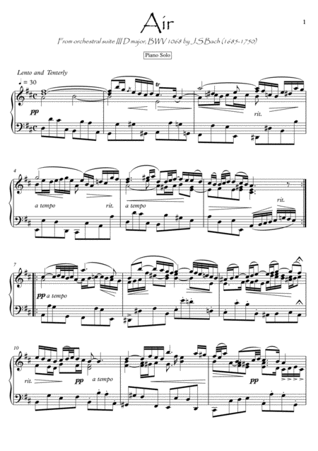 Js Bach Air On G String Bwv 1068 For Piano Solo Or Piano Duet Sheet Music