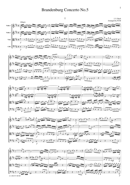 Js Bach Brandenburg Concerto No 5 All Mvts Bwv1050 For String Quartet Cb215 Sheet Music