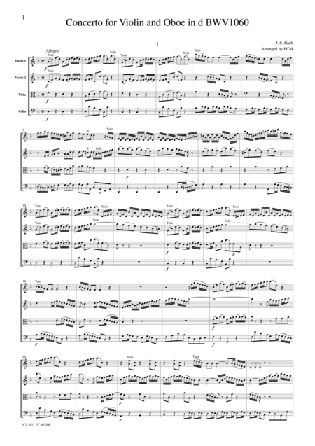 Js Bach Concerto For Violin And Oboe In D Bwv1060 For String Quartet Cb225 Sheet Music