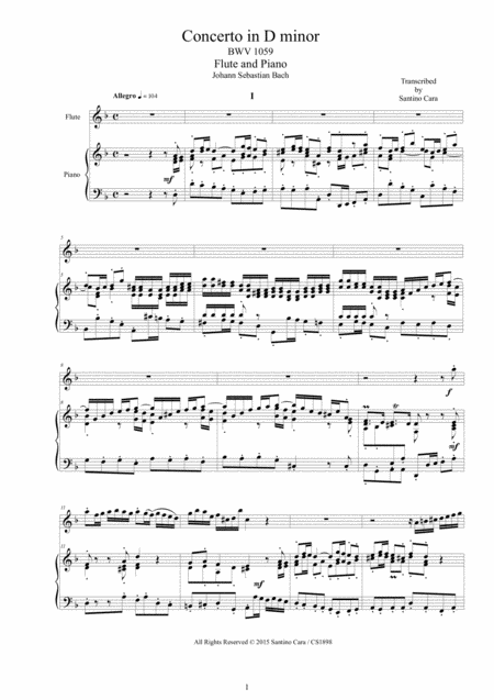 Js Bach Concerto In D Minor Bwv 1059 For Flute And Piano Sheet Music