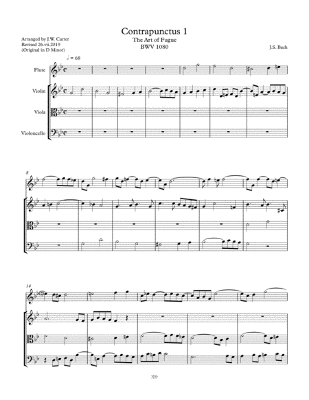 Js Bach Contrapunctus I The Art Of Fugue Bwv 1080 Arranged For Flute And String Trio Sheet Music