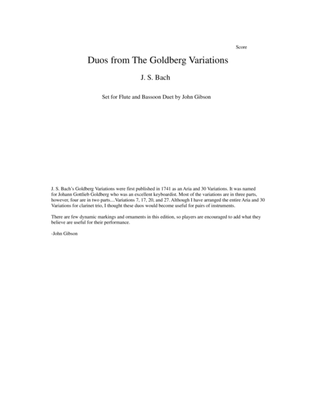 Js Bach Duos From The Goldberg Variations Set For Flute And Bassoon Sheet Music