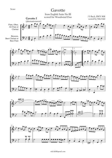 Free Sheet Music Js Bach Gavotte Bwv 808 Woodwind Duo