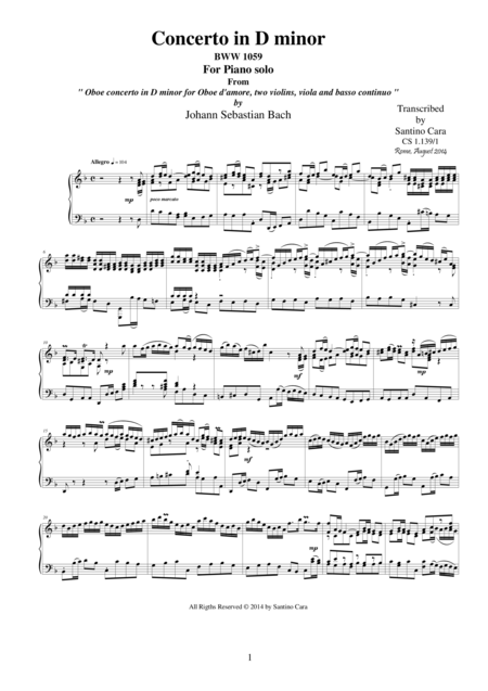 Js Bach Oboe Concerto In D Minor Bwv 1059 Mov 1 Allegro Piano Version Sheet Music