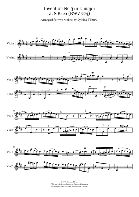 Js Bach Two Part Invention No 3 In D Major Bwv 774 Two Violins Sheet Music