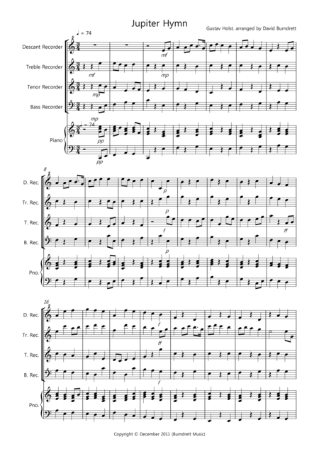 Jupiter Hymn For Recorder Quartet Sheet Music