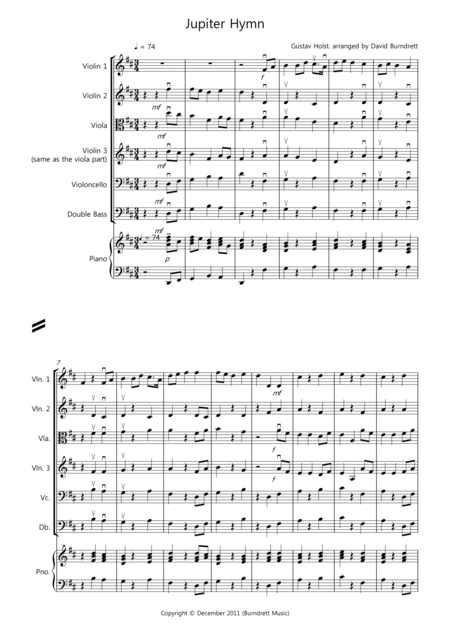 Jupiter Hymn For String Orchestra Sheet Music