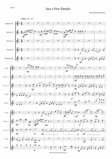 Free Sheet Music Just A Few Details For Saxophone Quintet Sop 2 Altos Tenor Bari