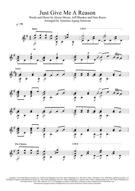 Free Sheet Music Just Give Me A Reason Solo Guitar Score