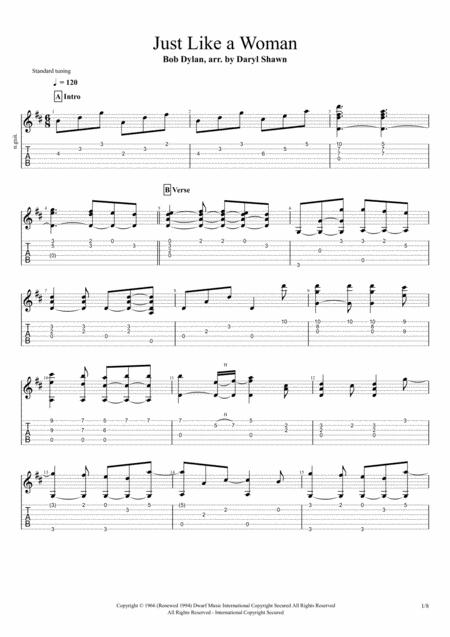 Just Like A Woman Bob Dylan For Solo Fingerstyle Guitar With Tutorial Sheet Music