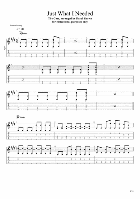 Free Sheet Music Just What I Needed The Cars For Solo Fingerstyle Guitar