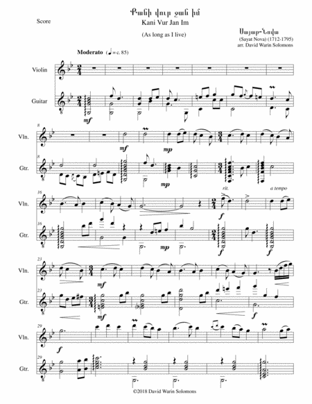 Free Sheet Music Kani Vur Jan Im As Long As I Live Arranged For Violin And Classical Guitar
