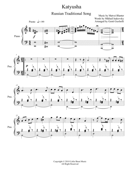 Free Sheet Music Katyusha Piano Solo