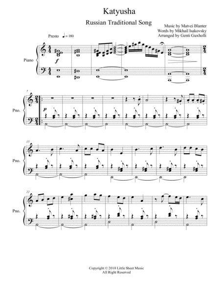 Katyusha Piano Solo Sheet Music