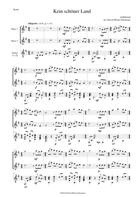 Free Sheet Music Kein Schner Land For 2 Flutes And Guitar