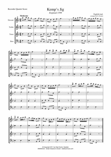 Kemp Jig For Recorder Quartet Sheet Music