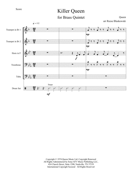 Killer Queen Brass Quintet Sheet Music