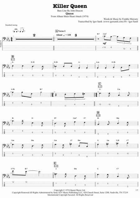 Killer Queen Queen John Deacon Complete And Accurate Bass Transcription Whit Tab Sheet Music