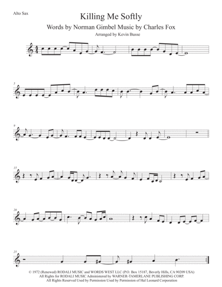 Killing Me Softly With His Song Alto Sax Easy Key Of C Sheet Music