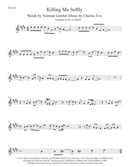 Killing Me Softly With His Song Alto Sax Original Key Sheet Music