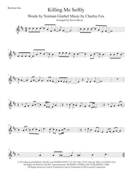 Killing Me Softly With His Song Bari Sax Sheet Music