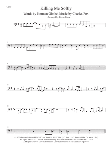 Killing Me Softly With His Song Cello Original Key Sheet Music