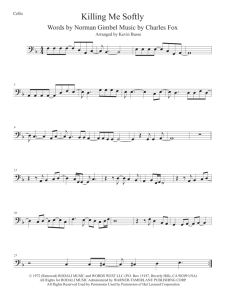 Killing Me Softly With His Song Cello Sheet Music