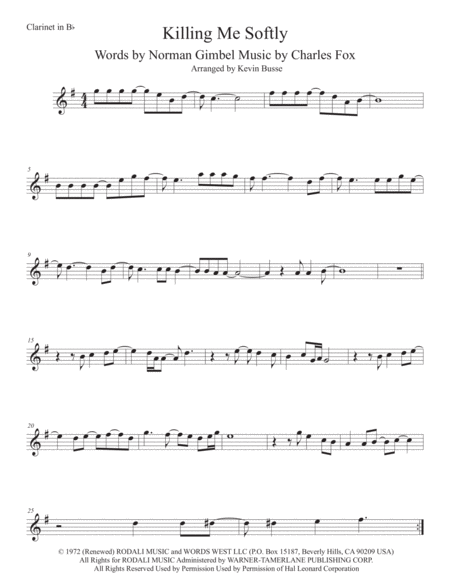 Free Sheet Music Killing Me Softly With His Song Clarinet