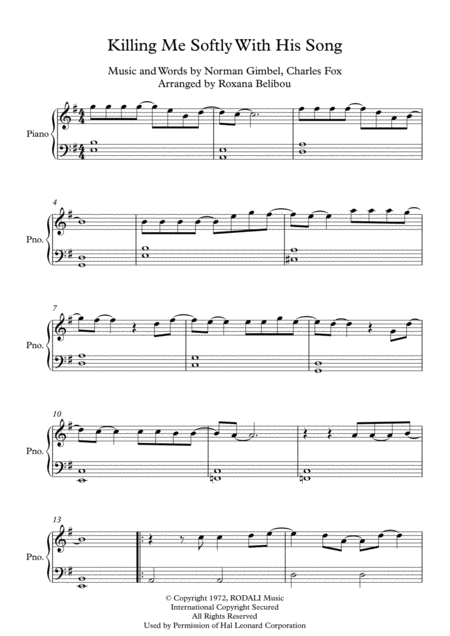 Killing Me Softly With His Song E Minor By Roberta Flack Easy Piano Sheet Music