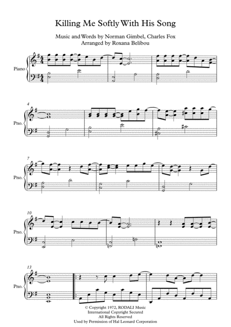 Free Sheet Music Killing Me Softly With His Song E Minor By Roberta Flack Piano