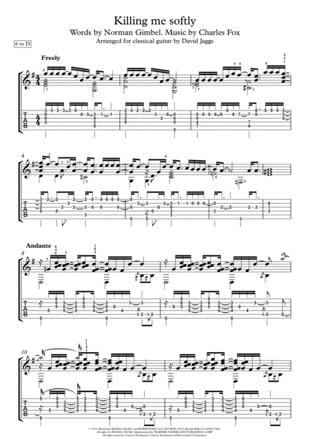 Free Sheet Music Killing Me Softly With His Song Including Tablature