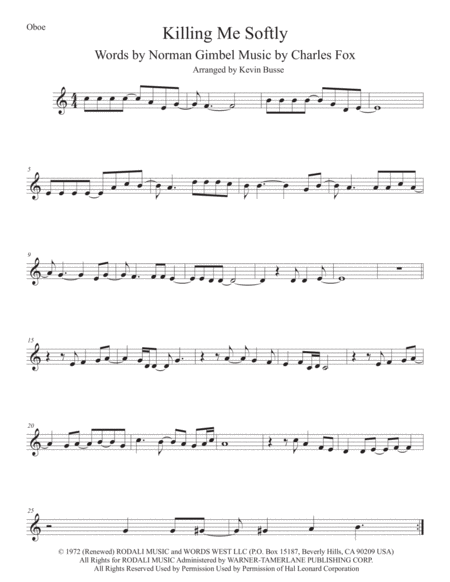 Free Sheet Music Killing Me Softly With His Song Oboe Easy Key Of C